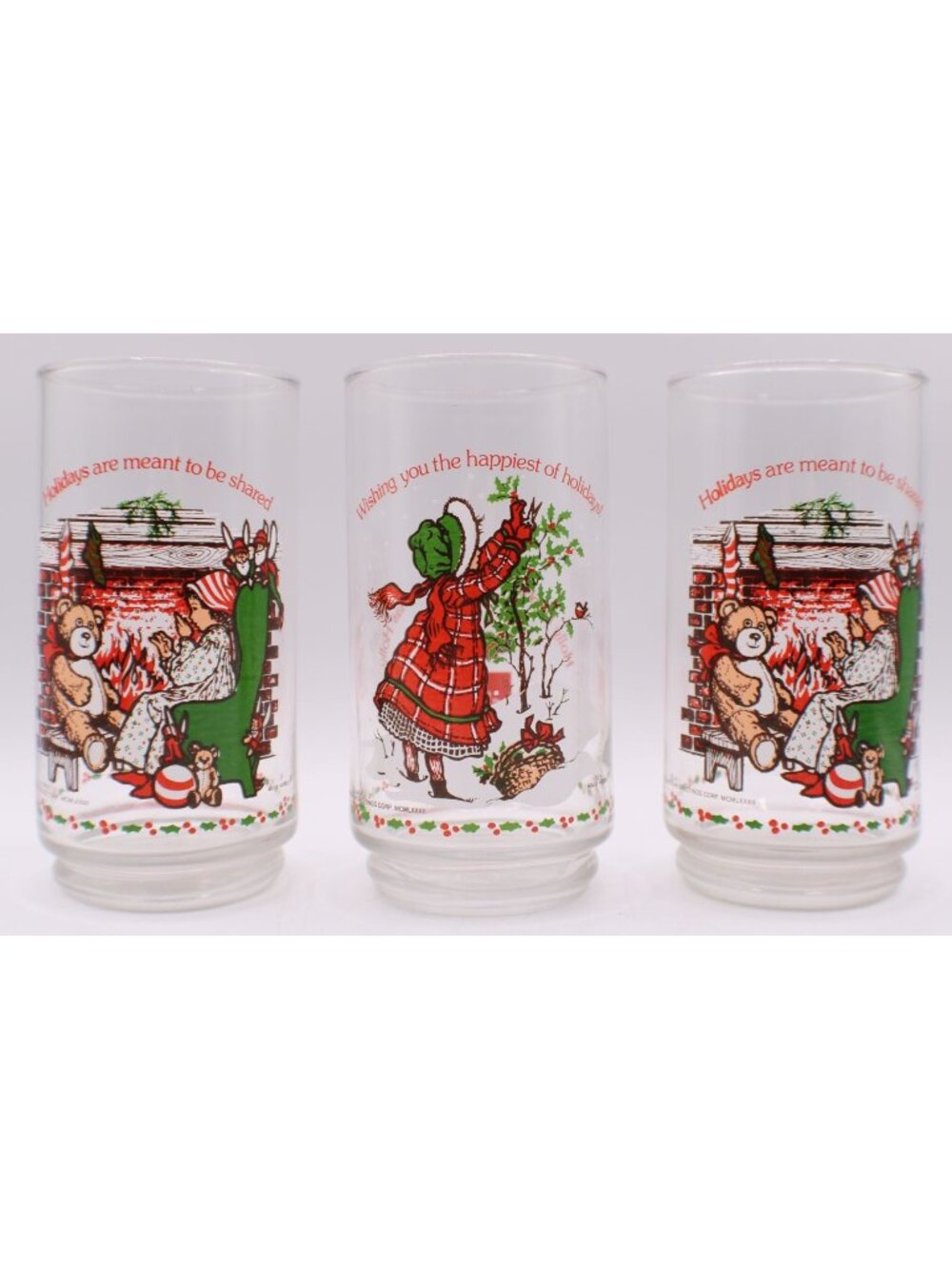 Holly Hobbie Coca-Cola Limited Edt Holiday Glasses Set 3 80s Christmas Decor Vtg
